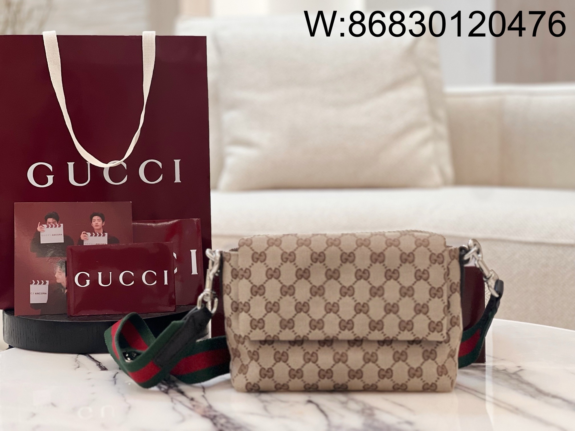 [JHL] 구찌 스몰 GG 크로스바디 백 웹 베이지 다크 브라운 821617 19*15*7cm