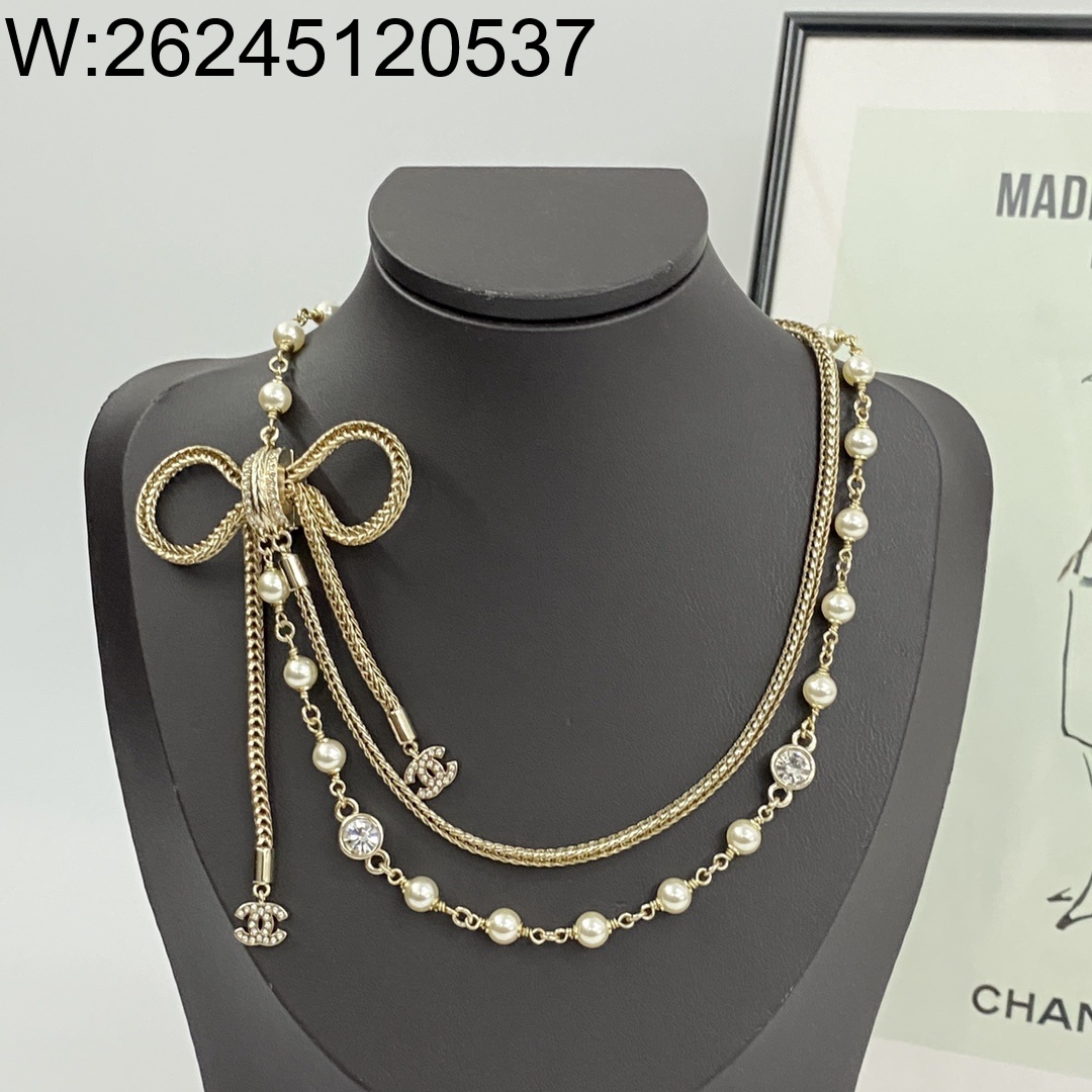 AGG 샤넬 나비매듭 이중 진주 목걸이 골드