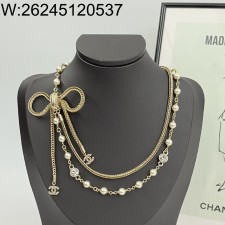 AGG 샤넬 나비매듭 이중 진주 목걸이 골드