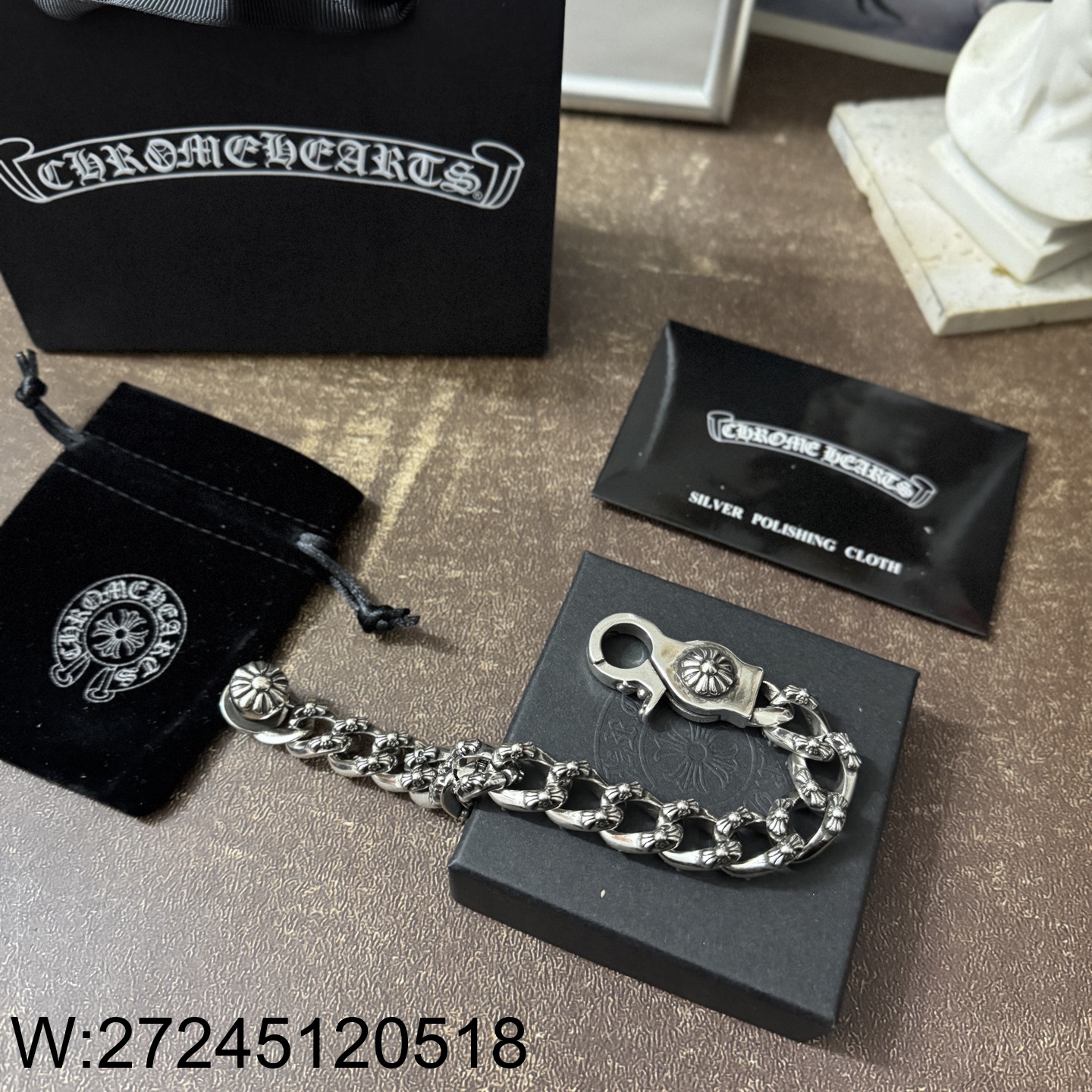 AGG 크롬하츠 빈티지 큰 버클 각인 체인 팔찌