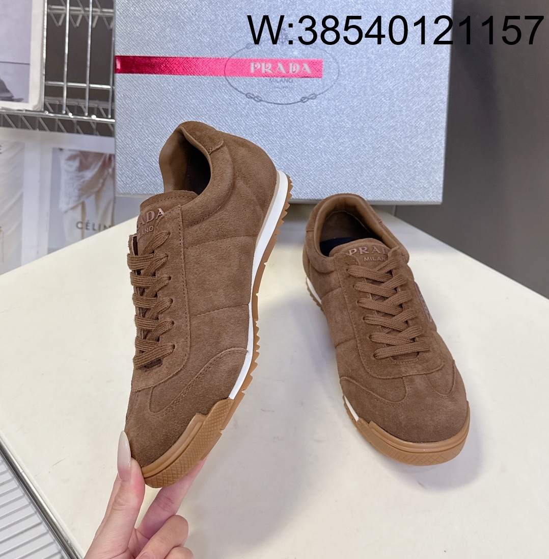 [AN3] 프라다 커플 삼각로고 스웨이드 스니커즈 브라운