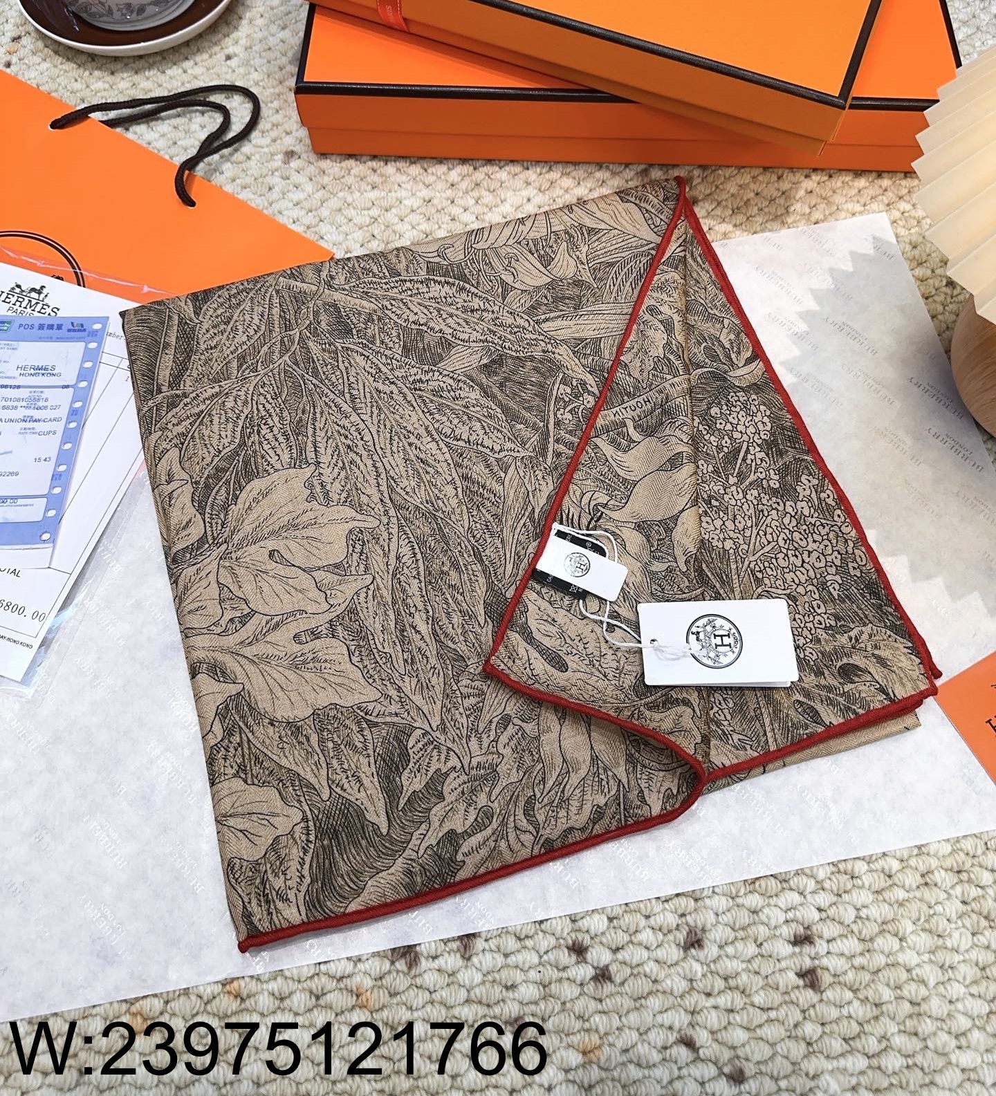 AGG 에르메스 식물원 스퀘어 스카프 140cm*140cm 70%캐시미어 30%실크 다크 베이지