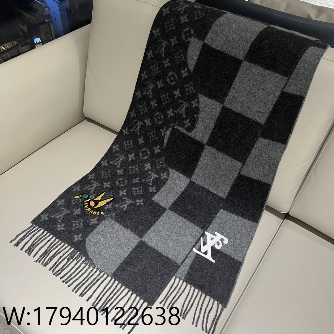 AGG 루이비통 니고 모노그램 다미에 이음 스카프 그레이 캐시미어 100%