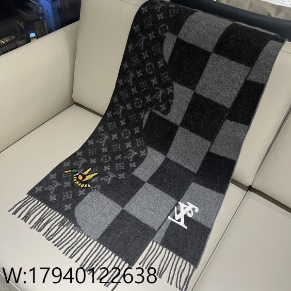 AGG 루이비통 니고 모노그램 다미에 이음 스카프 그레이 캐시미어 100%