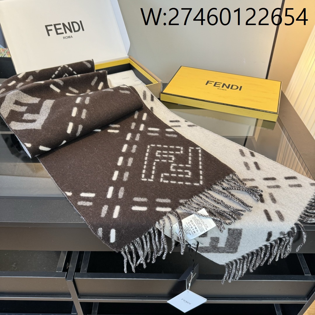 AGG 펜디 자카드 리버시블 울 머플러 스카프 다크 브라운 면양털 100% FXT462AYKUF1U6N