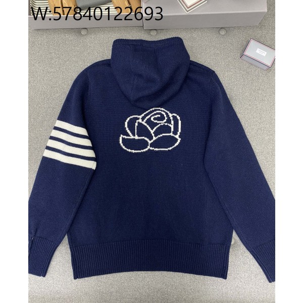 TJ공장 톰브라운 4Bar 뒷면 장미 자카드 양털 후드집업 네이비