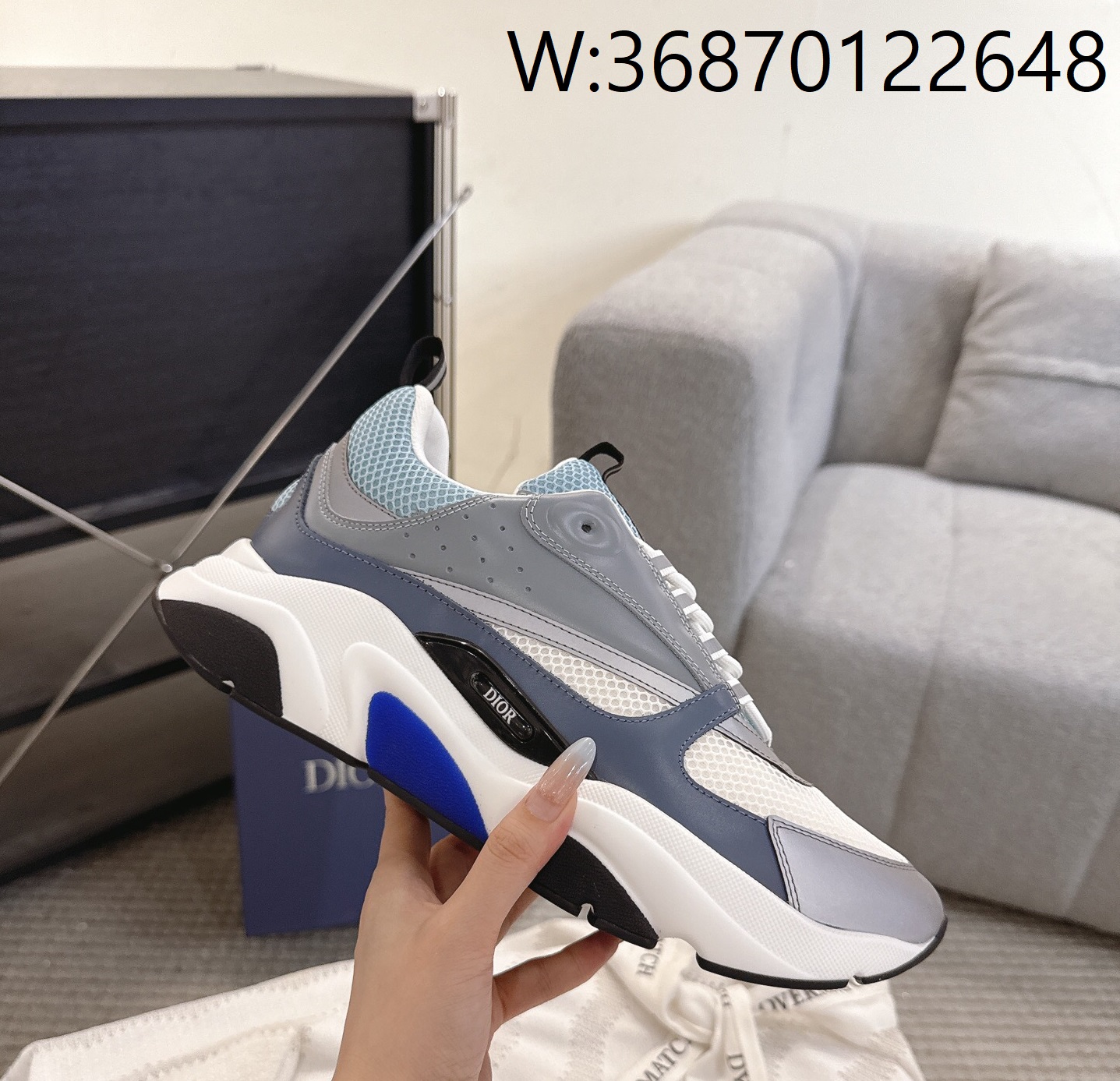 [327] 디올 B22 스니커즈 화이트 블루 테크니컬 메쉬 그레이 카프스킨 남성용 4cm
