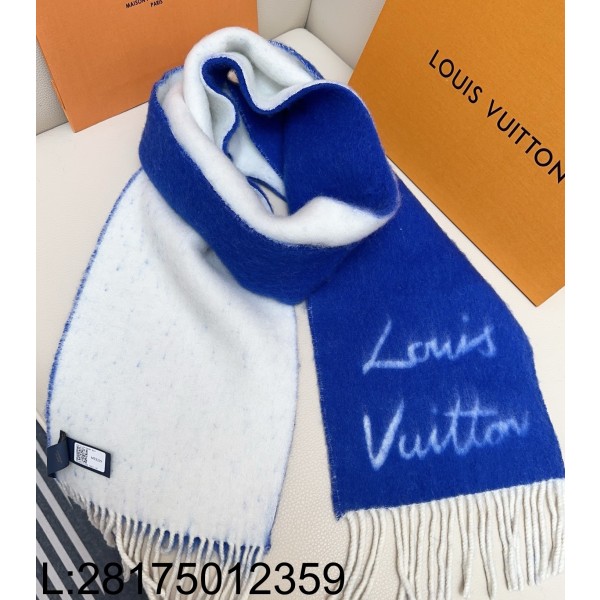 AGG 루이비통 모노그램 양색 스카프 블루 화이트 25*200cm 면양털 58% 42%알파카