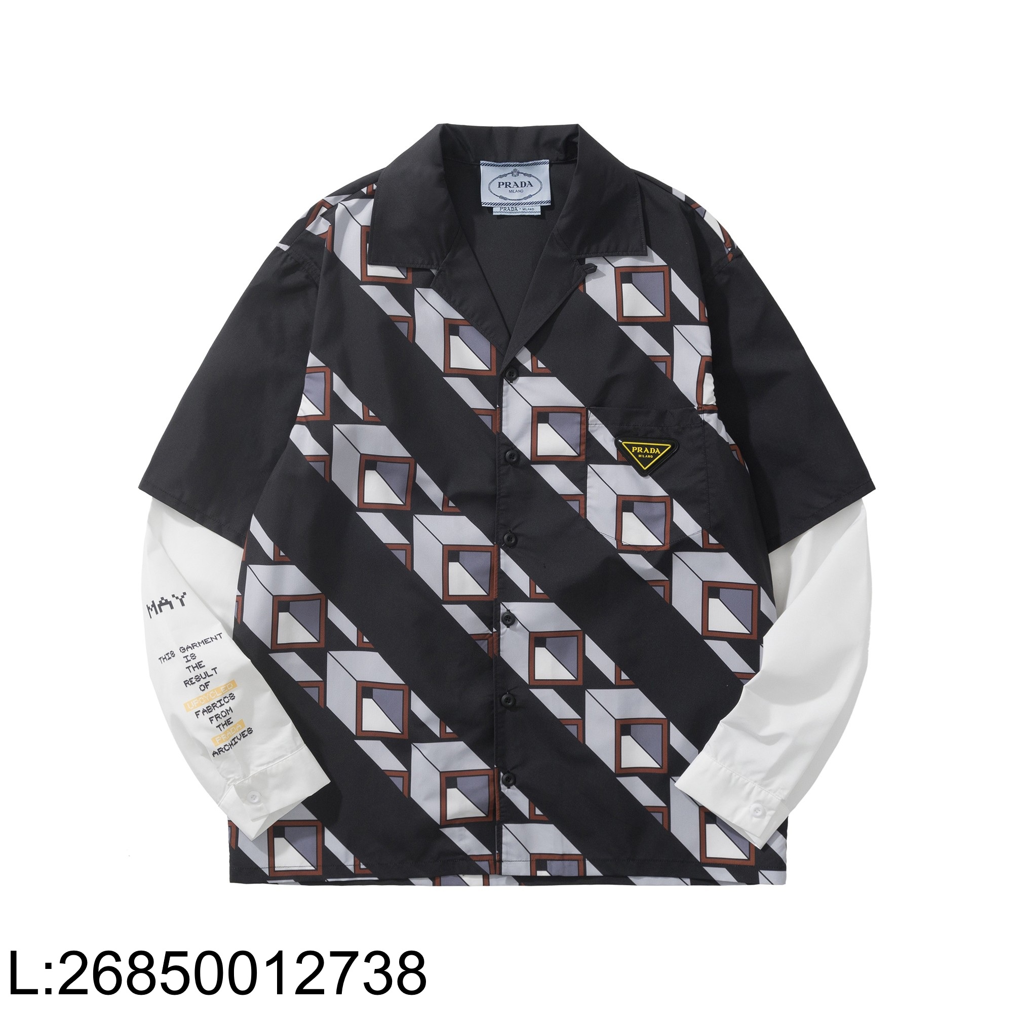 [흰] 프라다 타임캡슐 프린티드 코튼 셔츠 블랙 스틸 페이크 레이어링 긴팔 셔츠