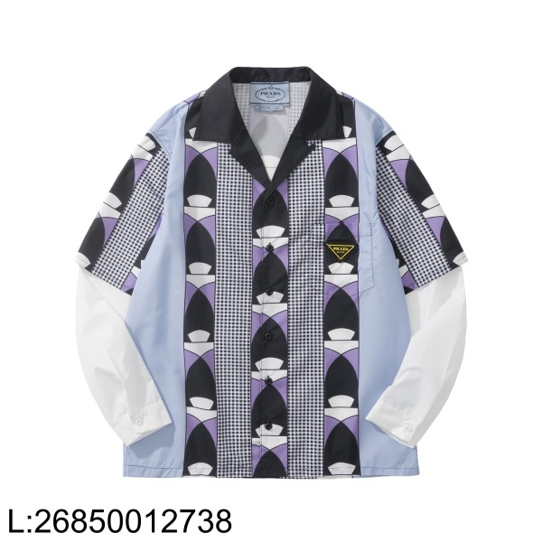 [흰] 프라다 타임캡슐 프린티드 코튼 셔츠 라이트 블루 시클라멘 페이크 레이어링 긴팔 셔츠