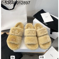 [DXJ] 셀린느 셔링 퍼 트리옹프 오픈 슬라이드 슬리퍼 베이지 브라운 4cm