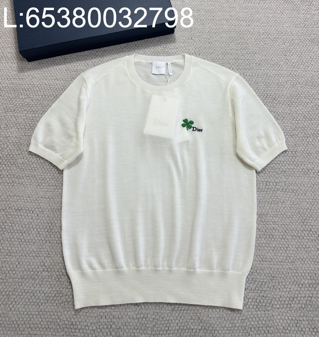 [타지아공장(tj공장) -여성전용] 디올 클로버 울 니트 피티드 스웨터 반팔티 화이트 그린