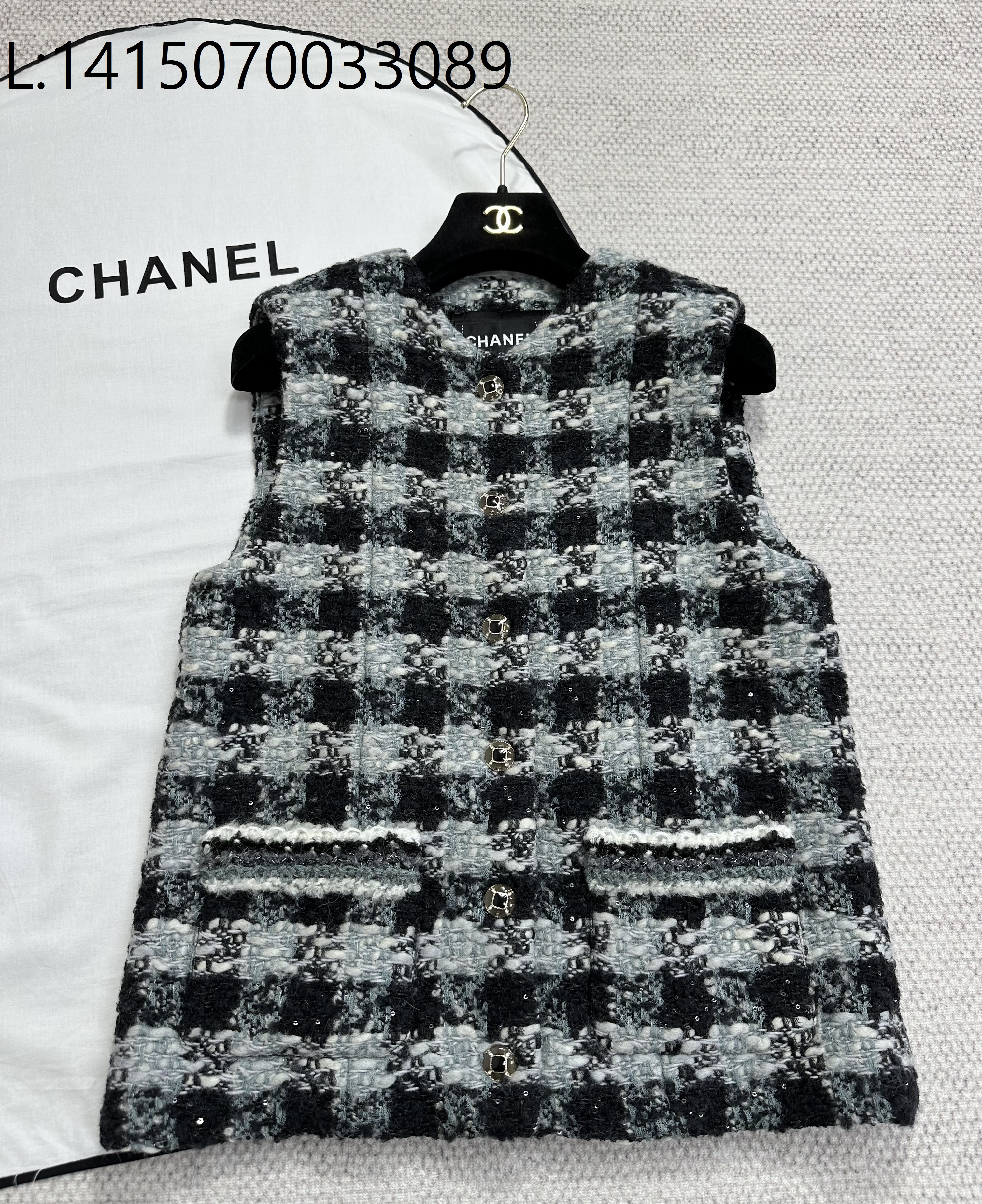 [타지아공장(tj공장) -여성전용] 샤넬 배색 체크 트위드 조끼 베스트 블랙 남회색