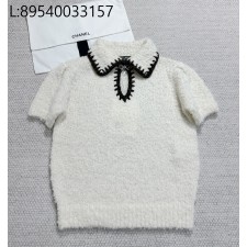 [타지아공장(tj공장) -여성전용] 샤넬 캐시미어 배색 카라 반팔 니트 아이보리