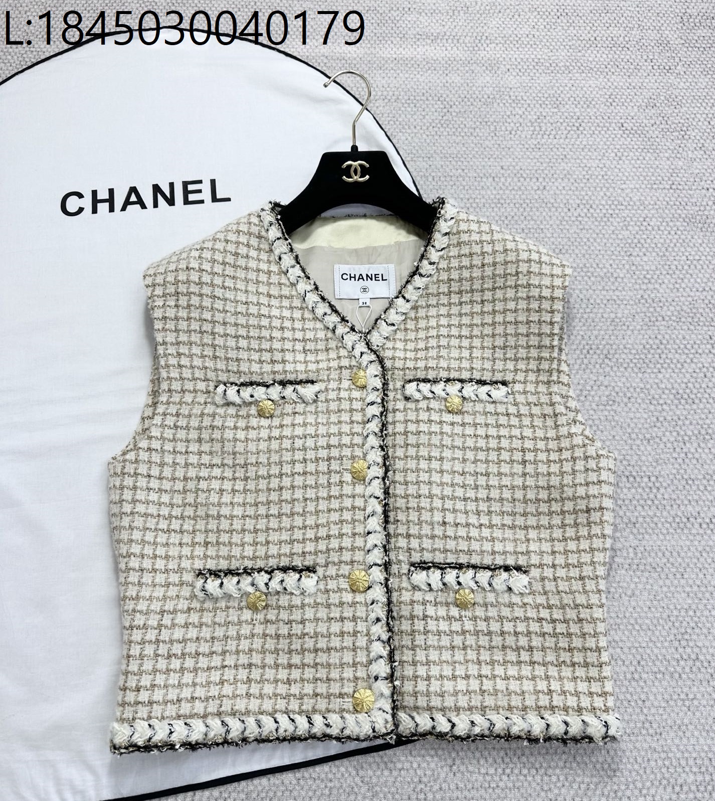 [타지아공장(tj공장) -여성전용] 샤넬 골드 단추 체크 자켓 조끼 라이트 베이지