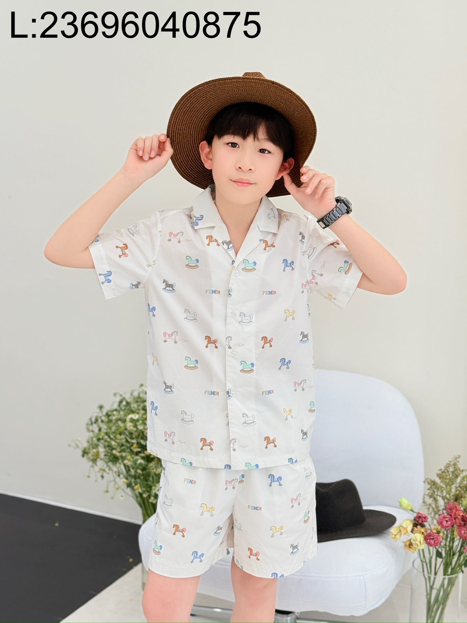 [AC아동복] 펜디 말 프린트 올 오버 반팔 셔츠 반바지 세트 화이트