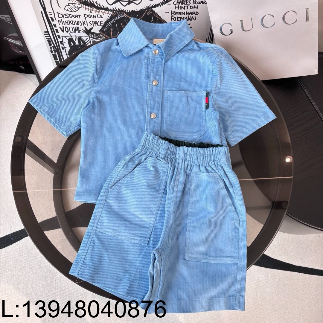 [AC아동복] 구찌 코듀로이 순색 반팔 셔츠 반바지 세트 스카이 블루