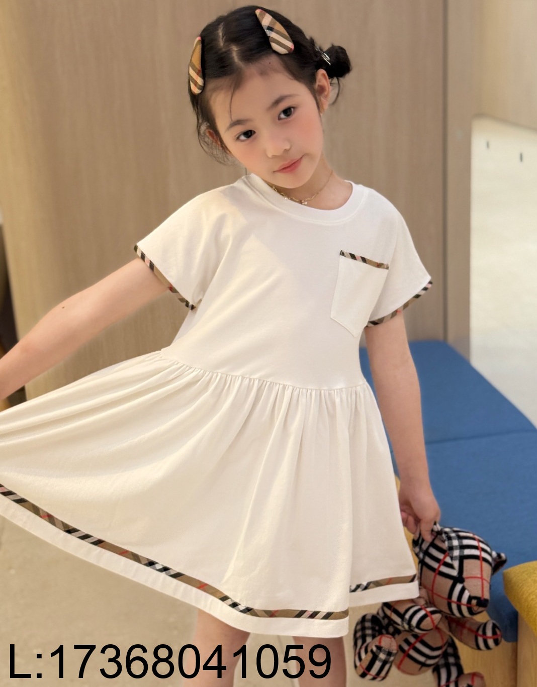 [AC아동복] 버버리 체크 이음 포켓 원피스 화이트