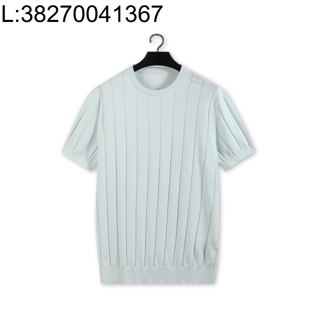 [YD공장] 로로피아나 스트라이프 자카드 니트 반팔티 혼방 코튼 아마 라이트 스카이 블루