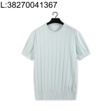 [YD공장] 로로피아나 스트라이프 자카드 니트 반팔티 혼방 코튼 아마 라이트 스카이 블루