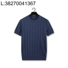 [YD공장] 로로피아나 스트라이프 자카드 니트 반팔티 혼방 코튼 아마 네이비