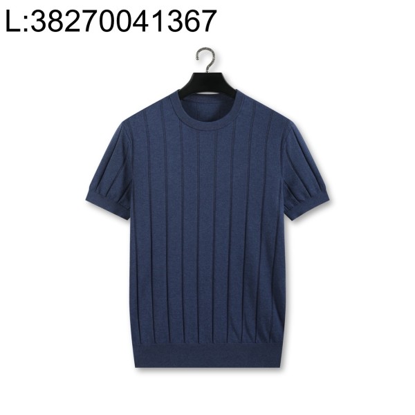 [YD공장] 로로피아나 스트라이프 자카드 니트 반팔티 혼방 코튼 아마 네이비