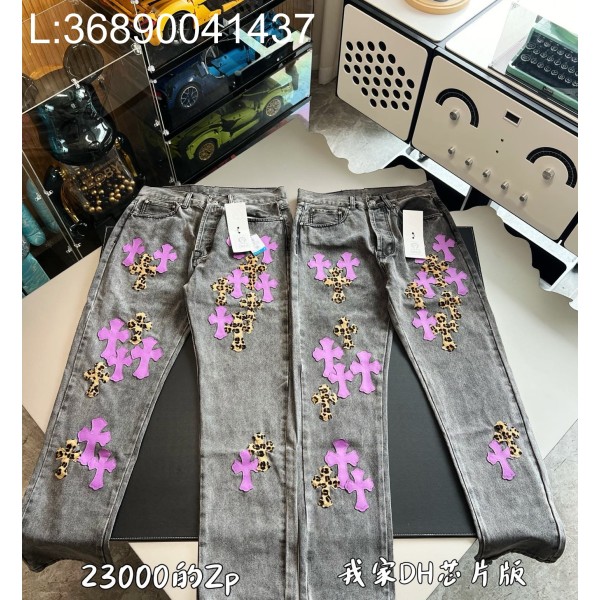 V공장 크롬하츠 퍼플 표문 십자가 청바지 그레이