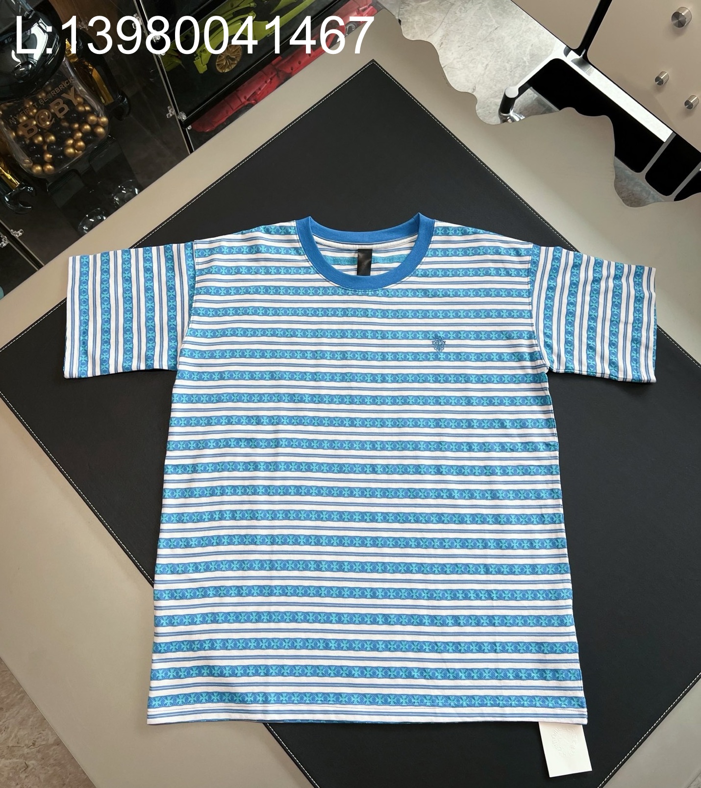 V공장 크롬하츠 십자가 스트라이프 반팔티 블루