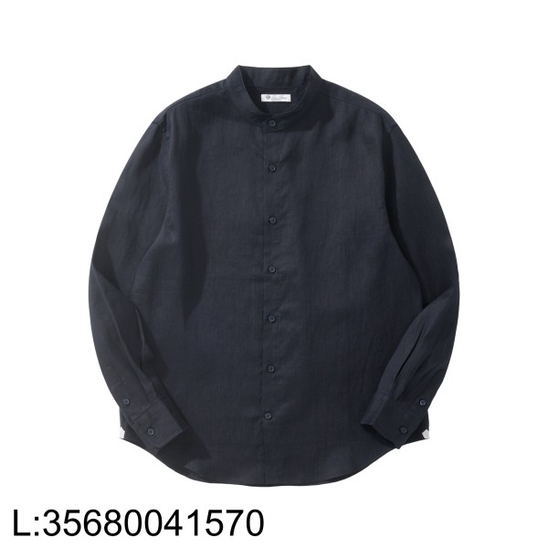 [흰] 로로피아나 엘리아 베이직 순색 아마 노칼라 긴팔 셔츠 네이비 블랙