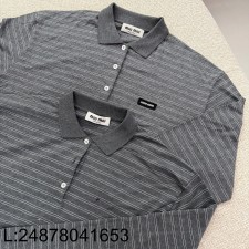 [콜라 셀러] 미우미우  코튼 저지 폴로 셔츠 슬레이트 그레이 화이트 스트라이프 / 카라티 / 긴팔티 / 폴로티 웨이디안 주소
