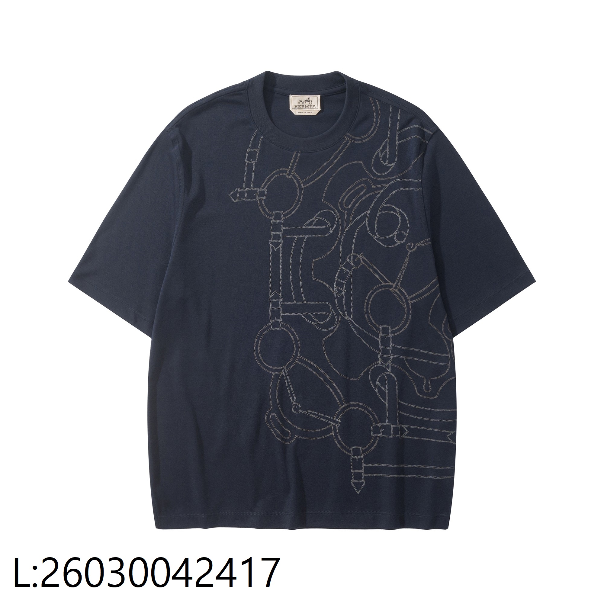 [흰] 에르메스 코튼 패턴 자수 반팔티 네이비